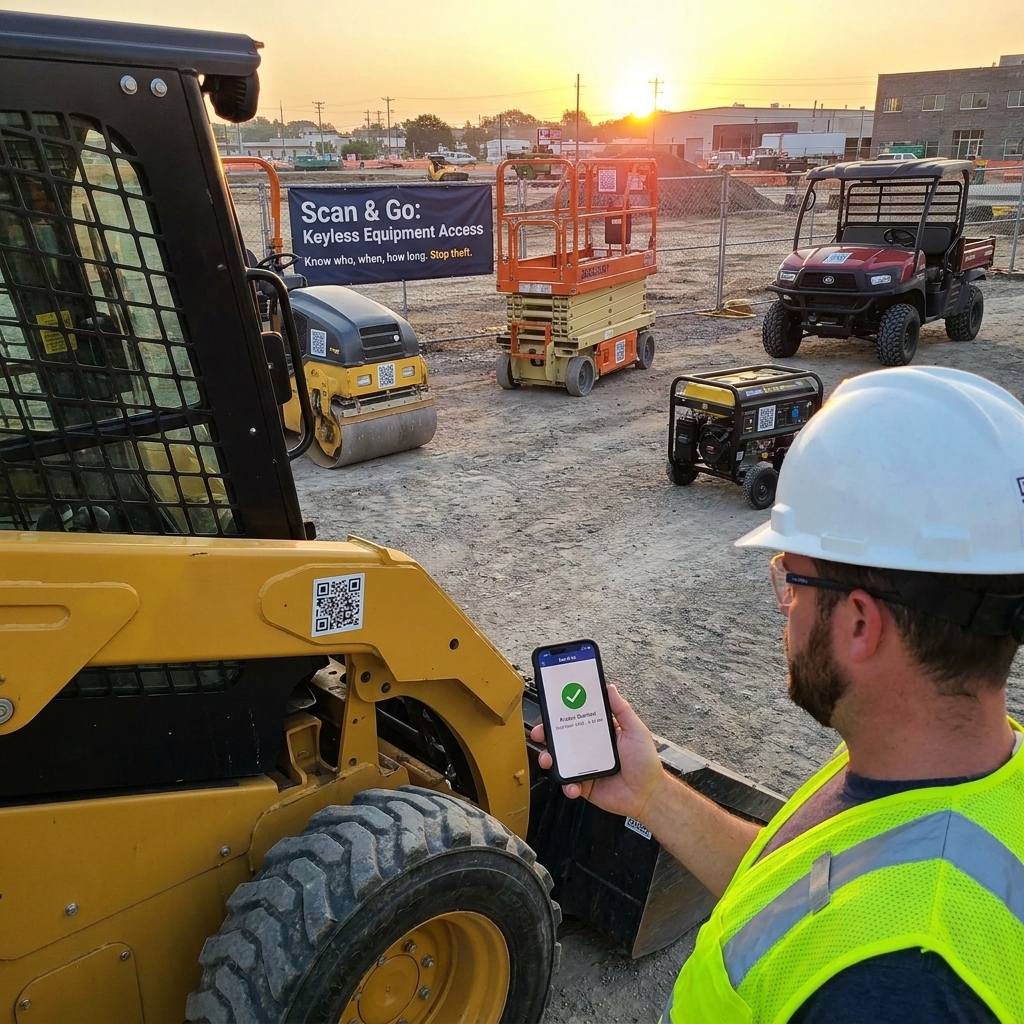Worker scanning QR code on job site equipment